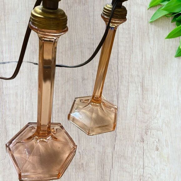 Pink Depression Glass Stick Lamps Hexagonal Base 2 - Picture 3 of 10